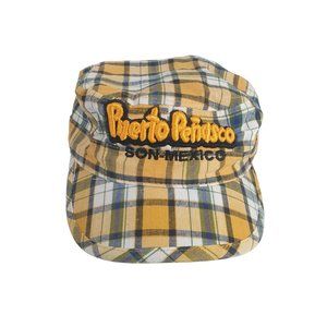 Puerto Penasco Son Mexico Hat Yellow Blue Plaid Cadet Cap Souvenir Hook Loop